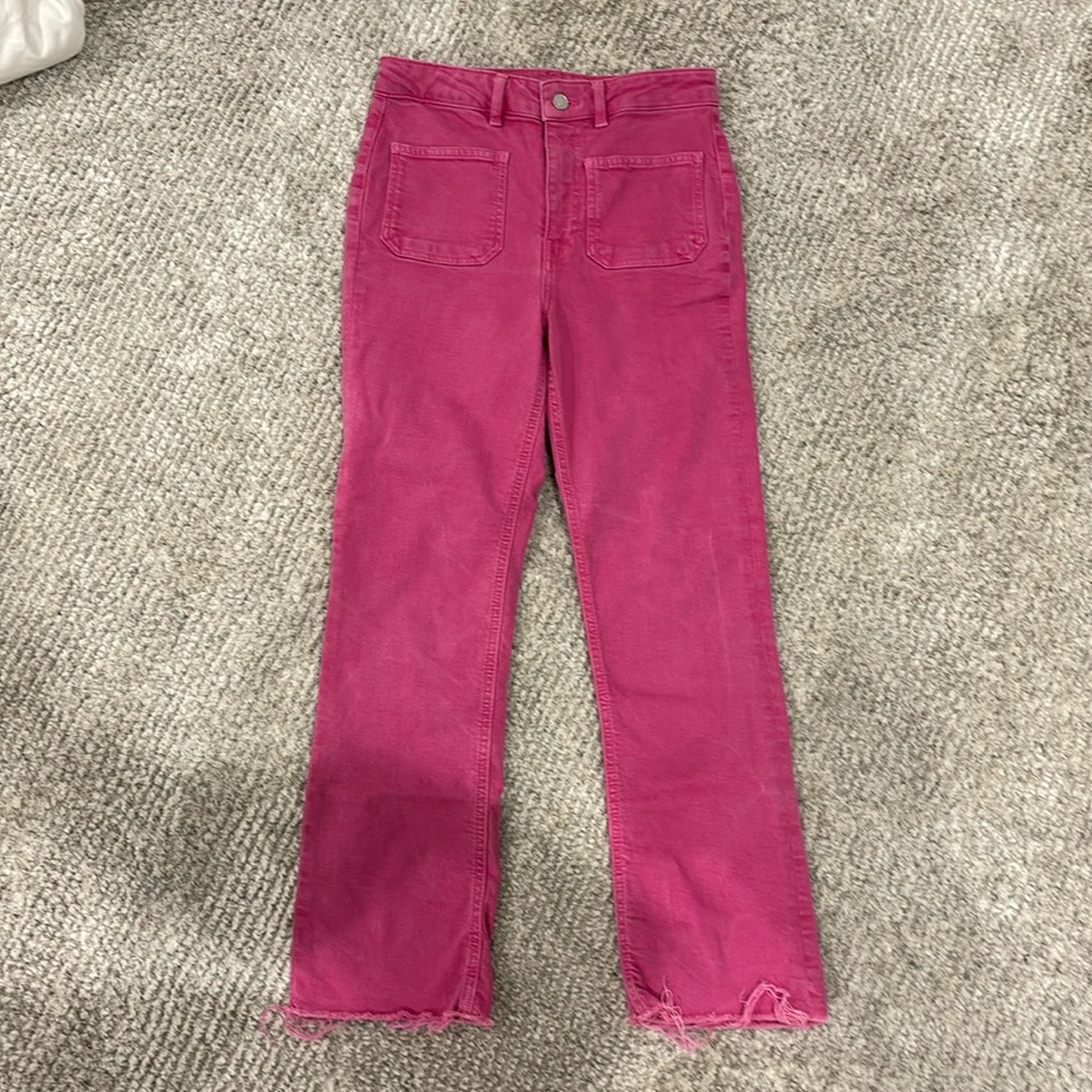 Pink Zara high-waisted mini flare jeans
